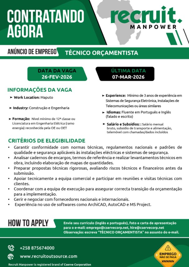 VAGA – TÉCNICO ORÇAMENTISTA