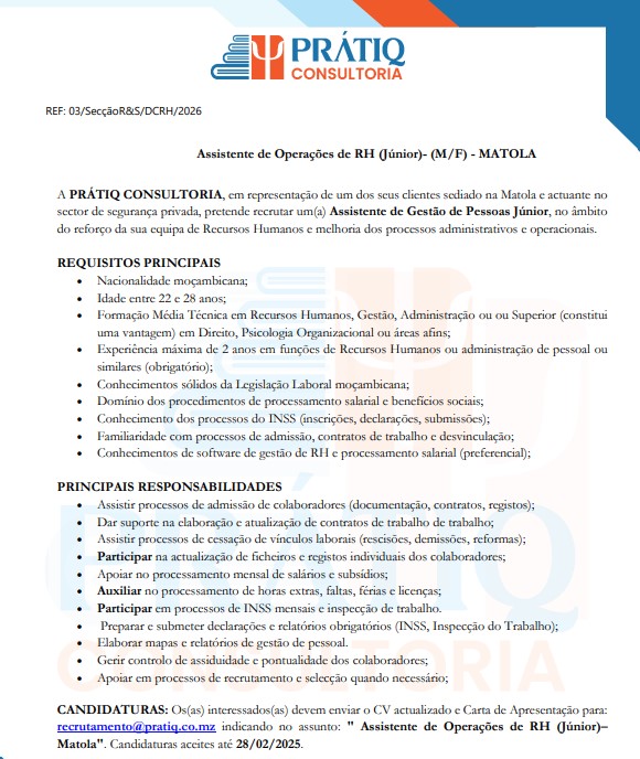 Vaga – Assistente de Operações de RH (Júnior)- (M/F) – MATOLA