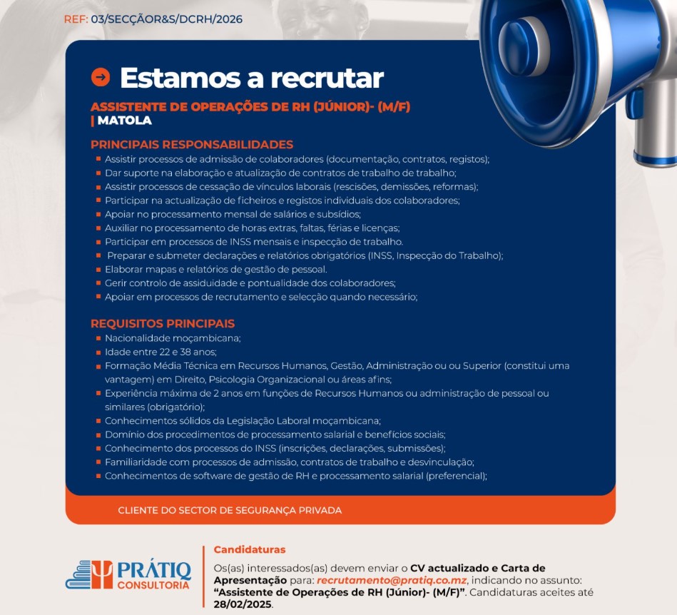 Vaga – Assistente de Operações de RH (Júnior) – (M/F)