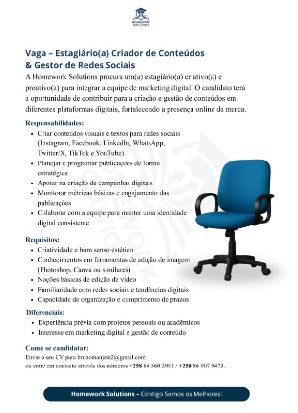Vaga – Estagiário(a) Criador de Conteúdos & Gestor de Redes Sociais