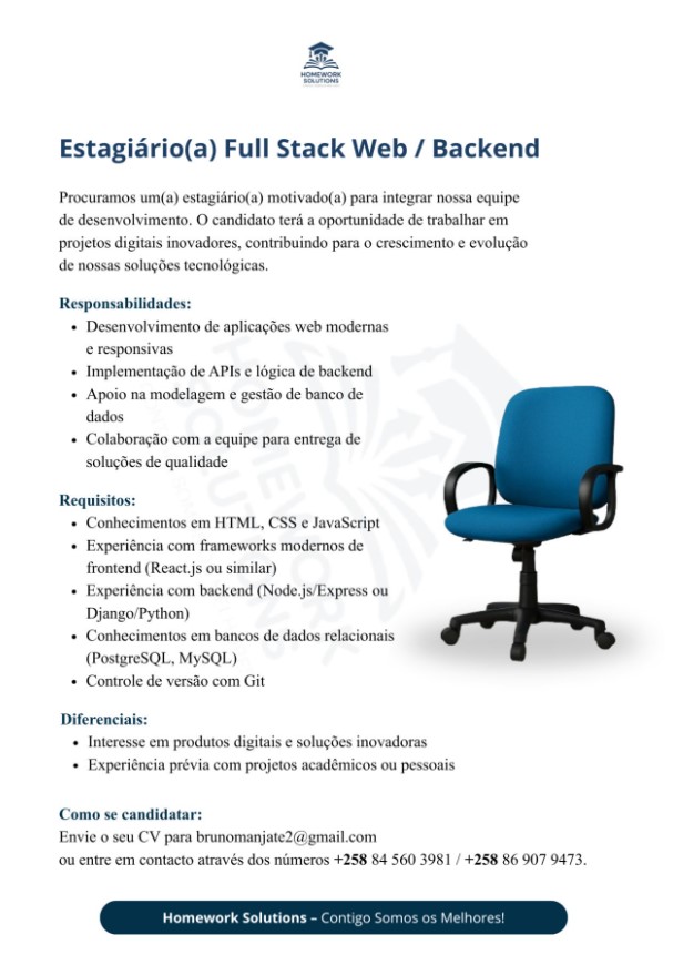 Vaga – Estagiário(a) Full Stack Web / Backend