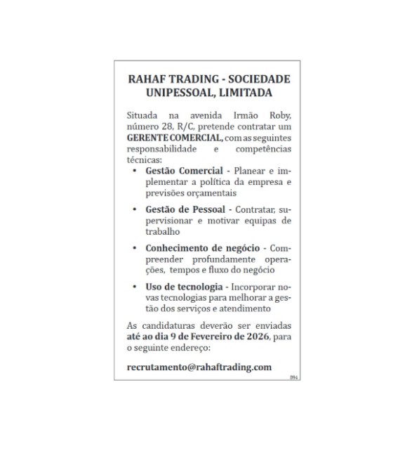 Vaga – Gerente Comercial