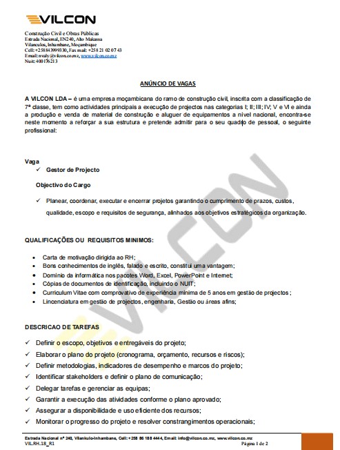 Vaga  – Gestor de Projecto