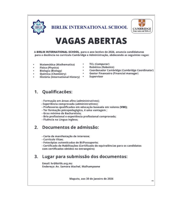 Vagas para (10) Docentes no currículo Cambridge e Administração