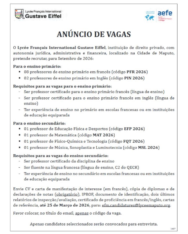 14 Vagas para Professores – Ensino primário e secundário
