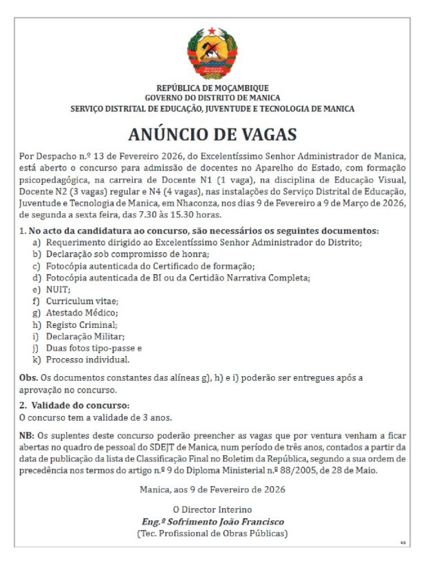 Abertura de Vagas para Professores (Docente N1, N2 e N4) no SDEJT de Manica