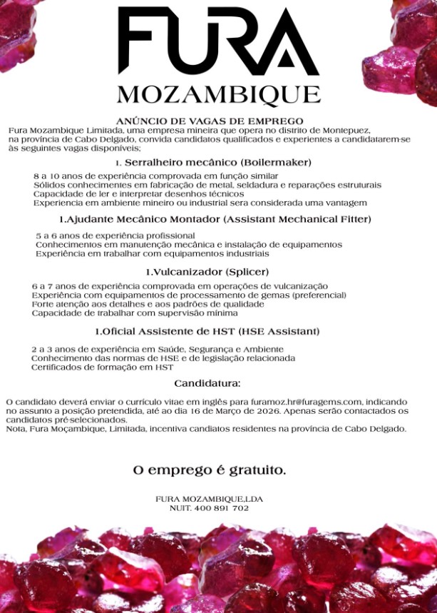 Fura Mozambique Lda Anuncia Vagas para Profissionais do Sector Mineiro em Montepuez
