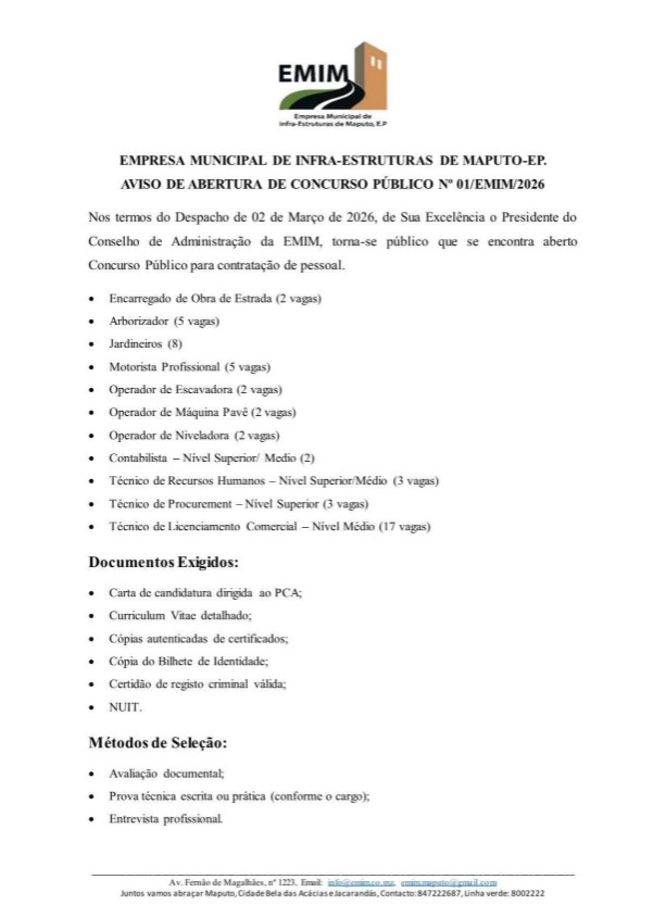 Oportunidade de Emprego: EMIM Abre 51 Vagas em Diversas Áreas Profissionais
