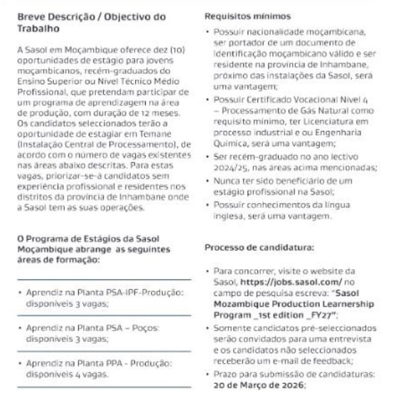 Sasol – (10) Oportunidades de Estágio para jovens Moçambicanos