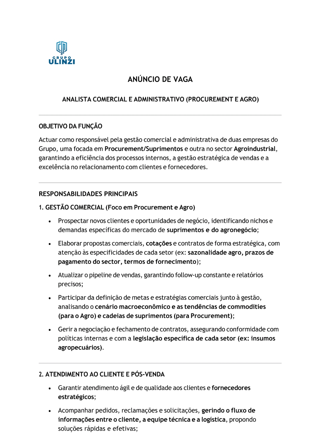 Vaga – Analista Comercial e Administrativa (Procurement e Agro)