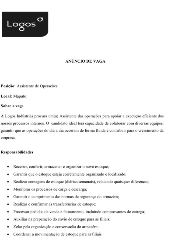 Vaga – Assistente de Operações