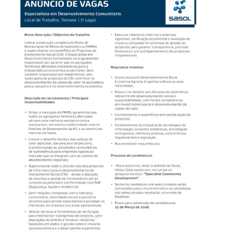 Vaga – Especialista em Desenvolvimento Comunitário