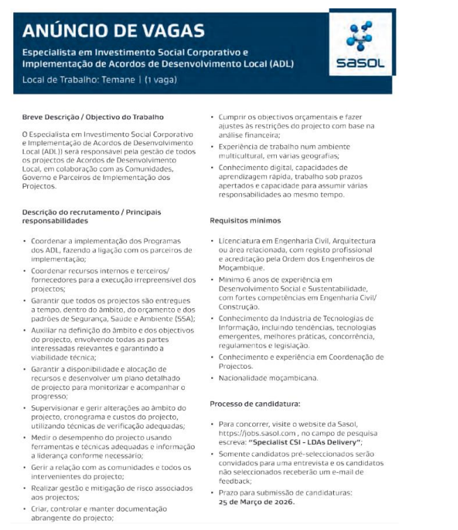 Vaga – Especialista em Investimento Social Corporativo e Implementação de Acordos de Desenvolvimento Local (ADL)