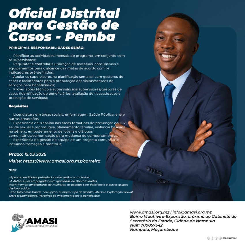 Vaga – Oficial Distrital para Gestão de Casos — Pemba (Cabo Delgado)
