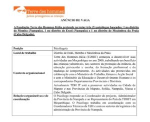 Vagas – (03) Psicólogo – Memba, Erati e Mocímboa da Praia