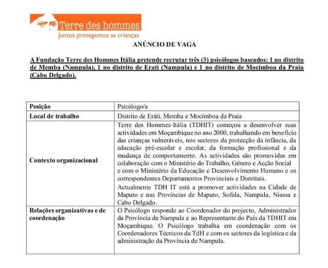 Vagas – (03) Psicólogo – Memba, Erati e Mocímboa da Praia