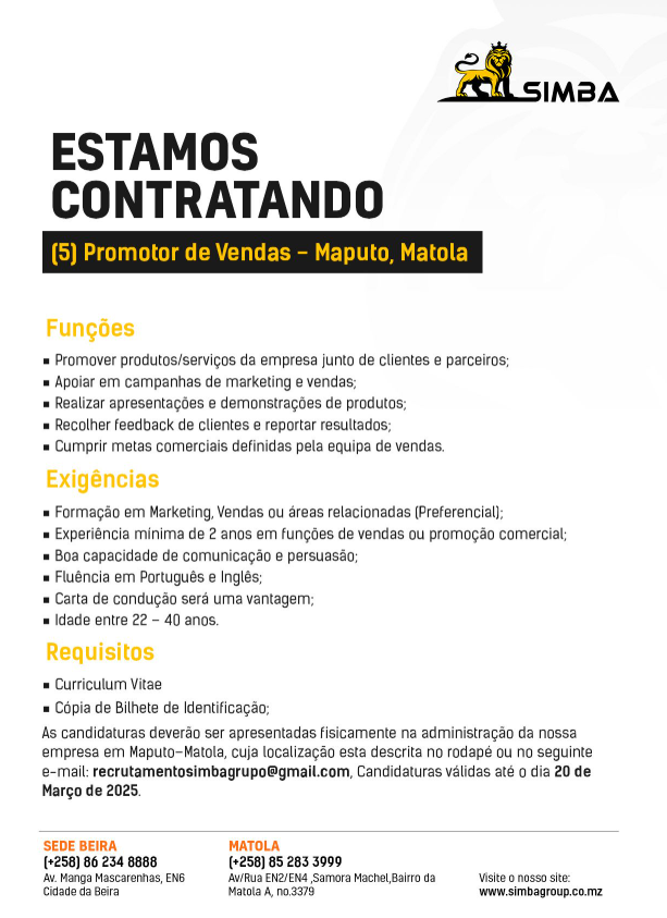 Vagas – (5) Promotor de Vendas