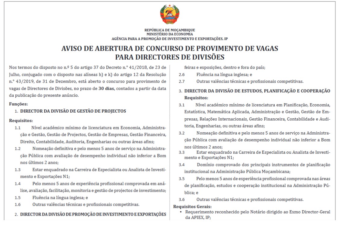 Vagas – Directores De Divisões