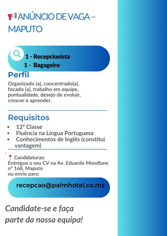 Vagas – Recepcionista e Bagageiro