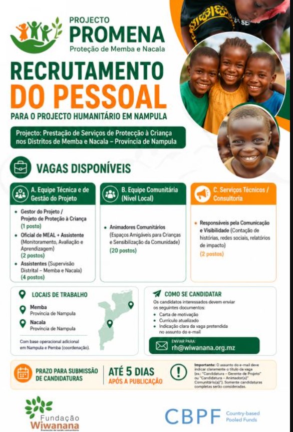 A Fundação Wiwanana está a recrutar (29) Profissionais para implementação do projecto de Protecção à Criança nos distritos de Memba e Nacala