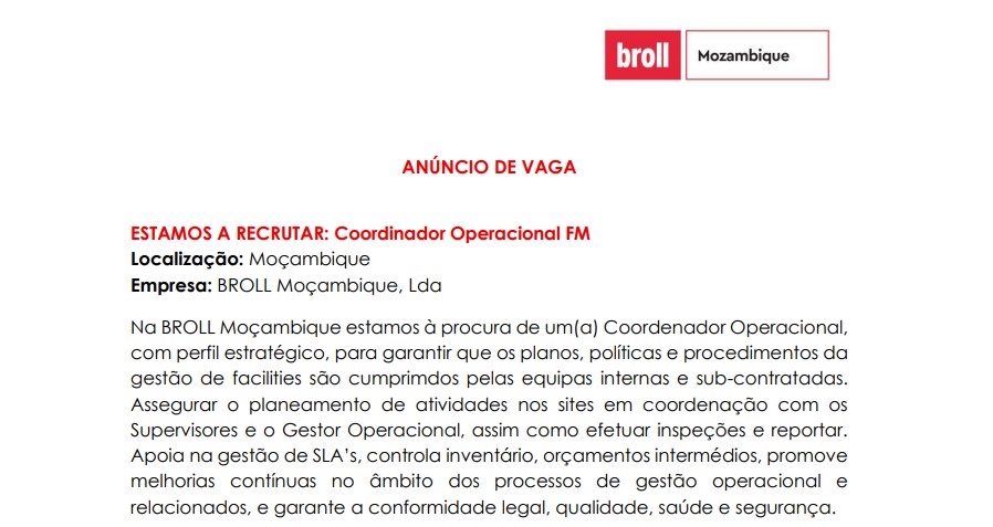 Vaga – Coordinador Operacional FM 