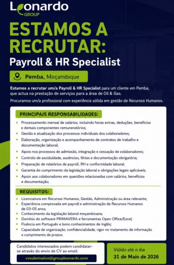 Vaga – Payroll & HR Specialist – Pemba