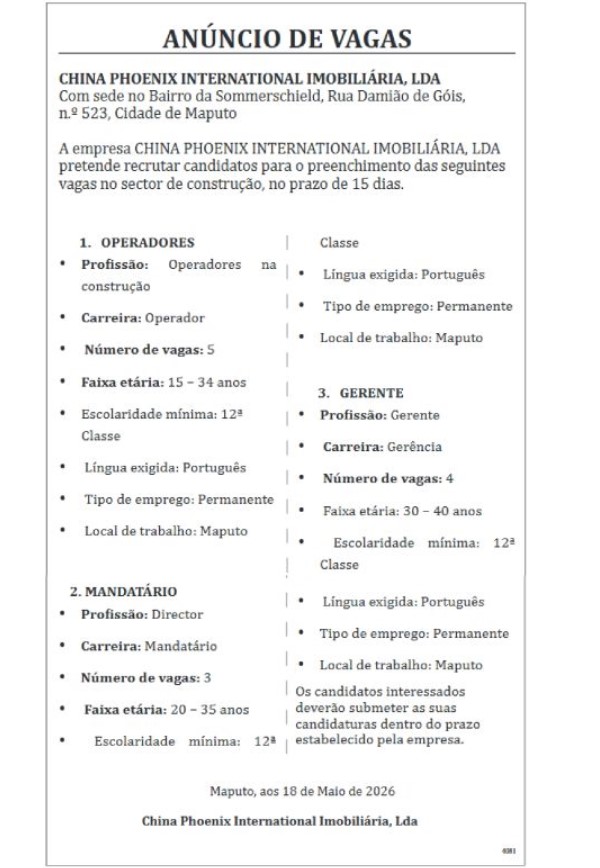 Vagas – (5) Operadores – (3) Mandatários – (4) Gerentes